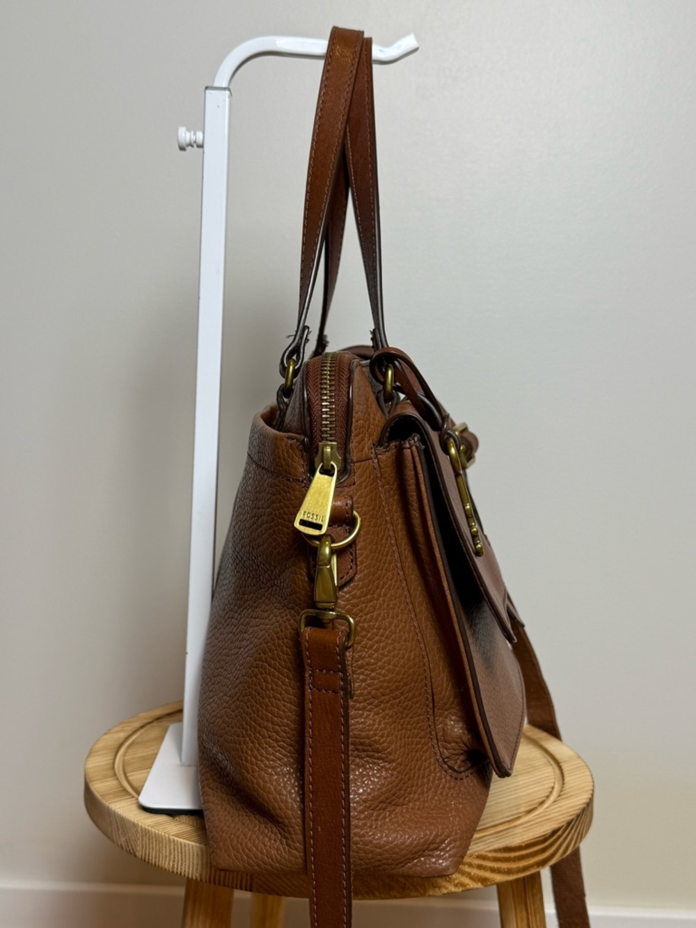 Fossil Kinley Satchel with crossbody strap Cognac Brown Pebbled Leather - Picture 2 of 16